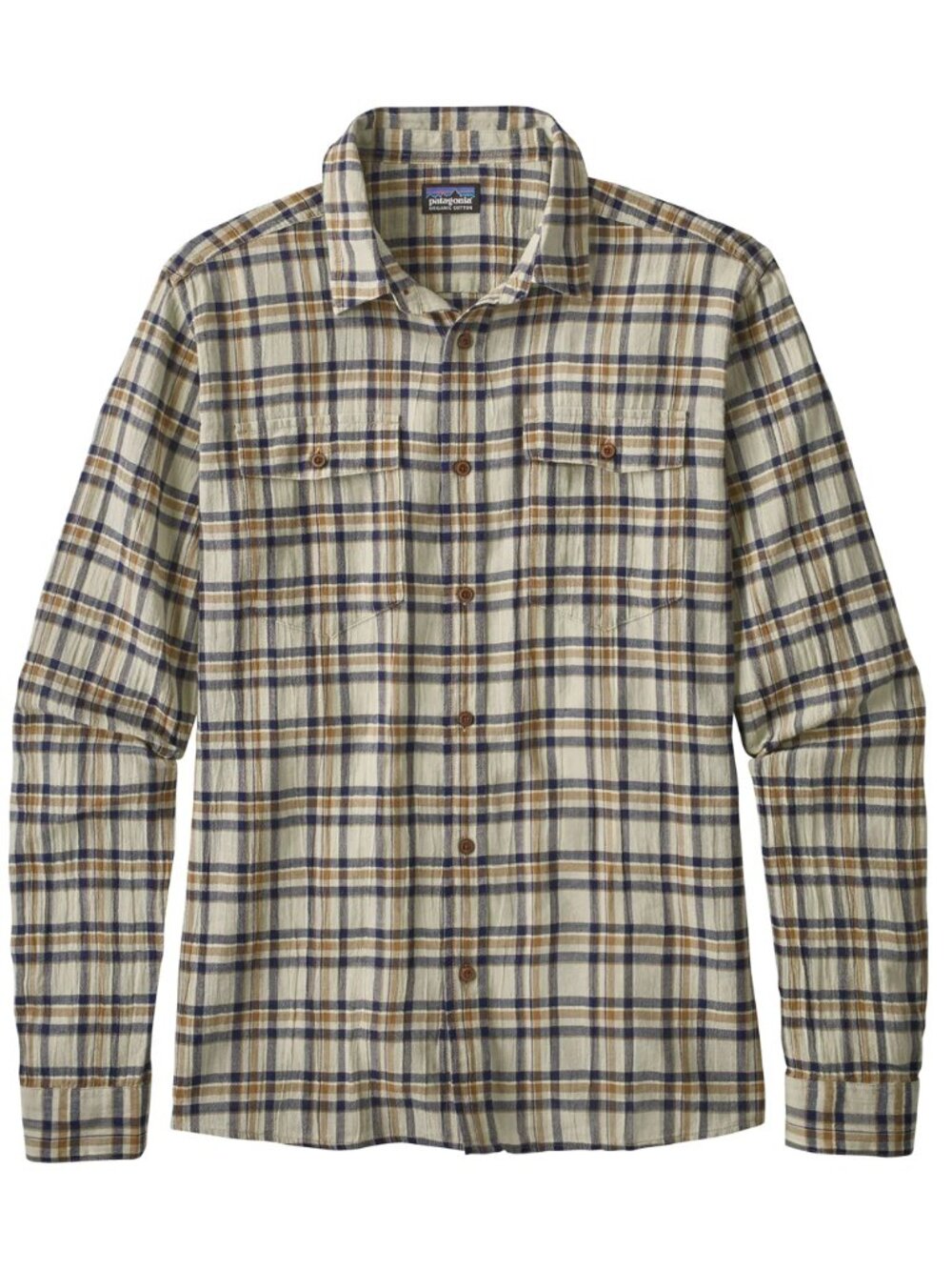 Patagonia Men's Long-Sleeved Steersman Shirt Cream Navy Plaid Small